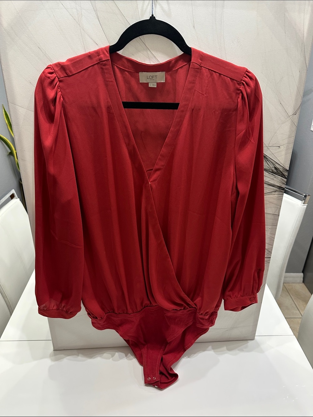 LOFT Red Long-Sleeve Wrap Bodysuit